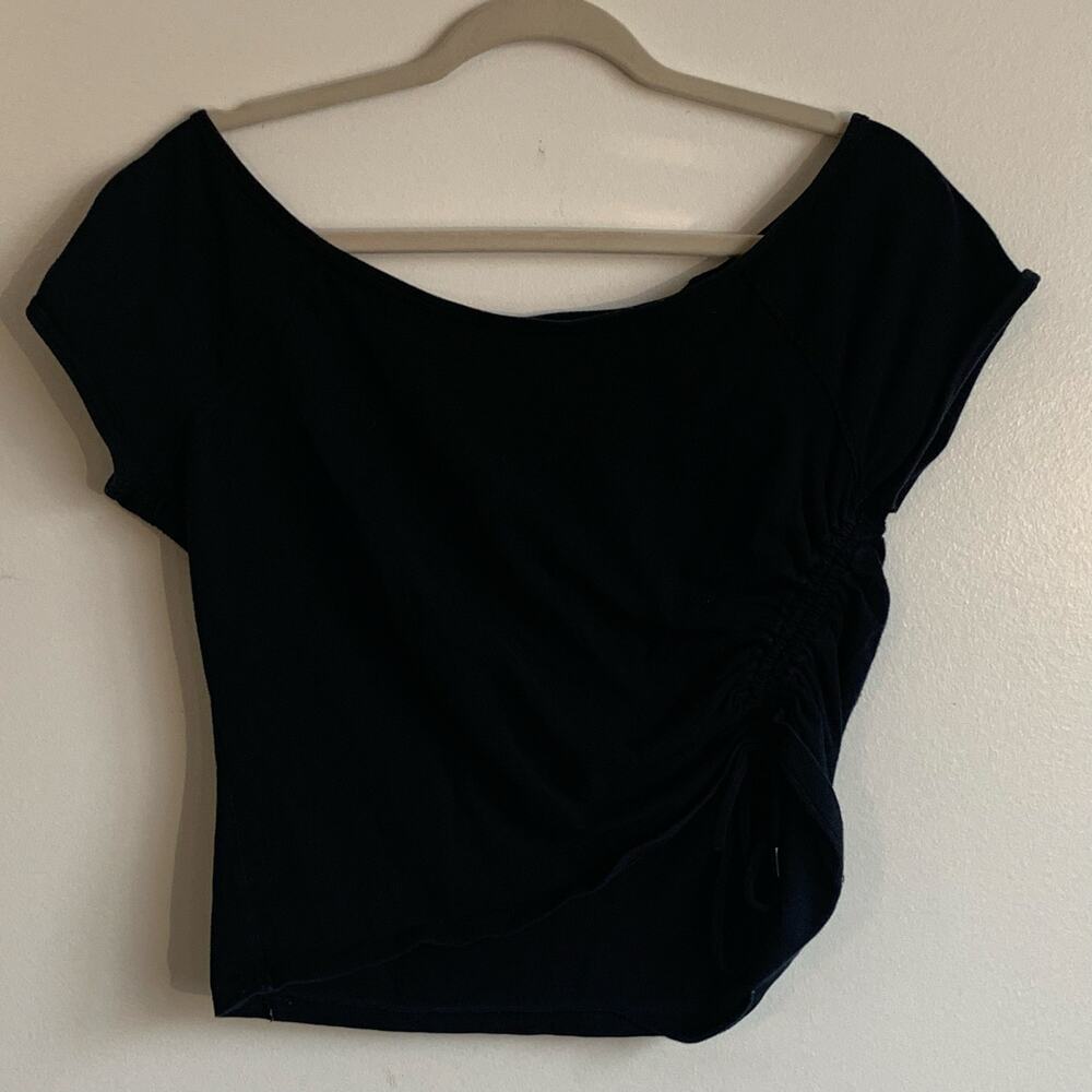 Women’s Black Ruched Side‑Tie Top – Size M – Stretch Knit Asymmetrical Detail